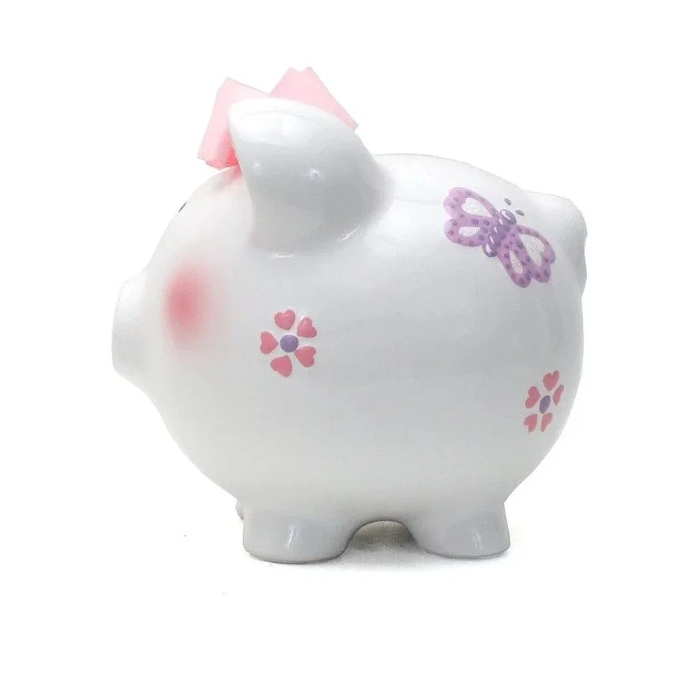 White Piggy Bank w/ Pink Bow, Butterfly & Flower Design, Animal Theme
